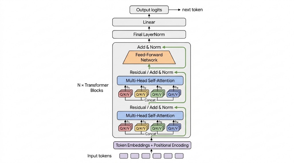 Decoder-only Transformer architecture: input tokens → token embeddings + positional encoding → N transformer blocks (multi-head self-attention with residual/Add & Norm, then a feed-forward network with residual/Add & Norm) → final LayerNorm → linear → output logits → next token.